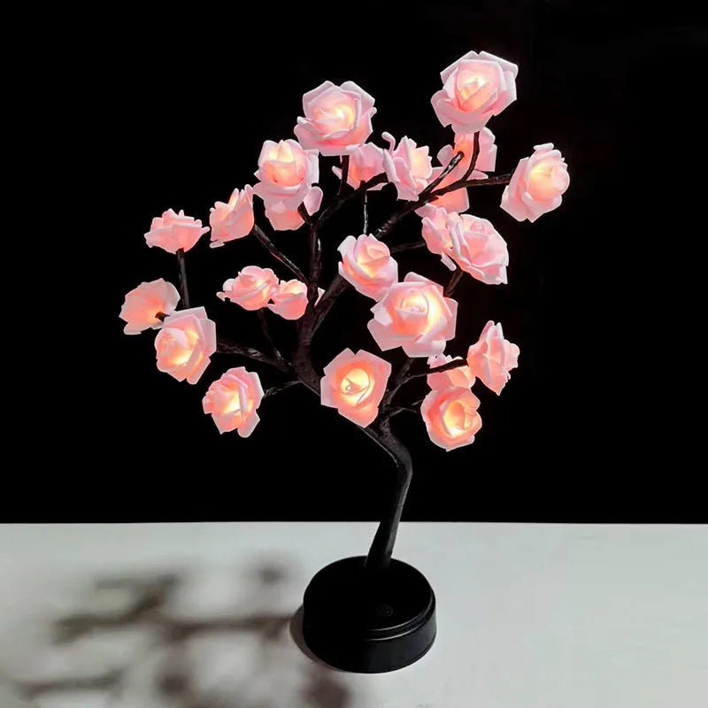 LED rose tree lamp with black tree and pink roses, compact plastic desk lamp with touch screen base