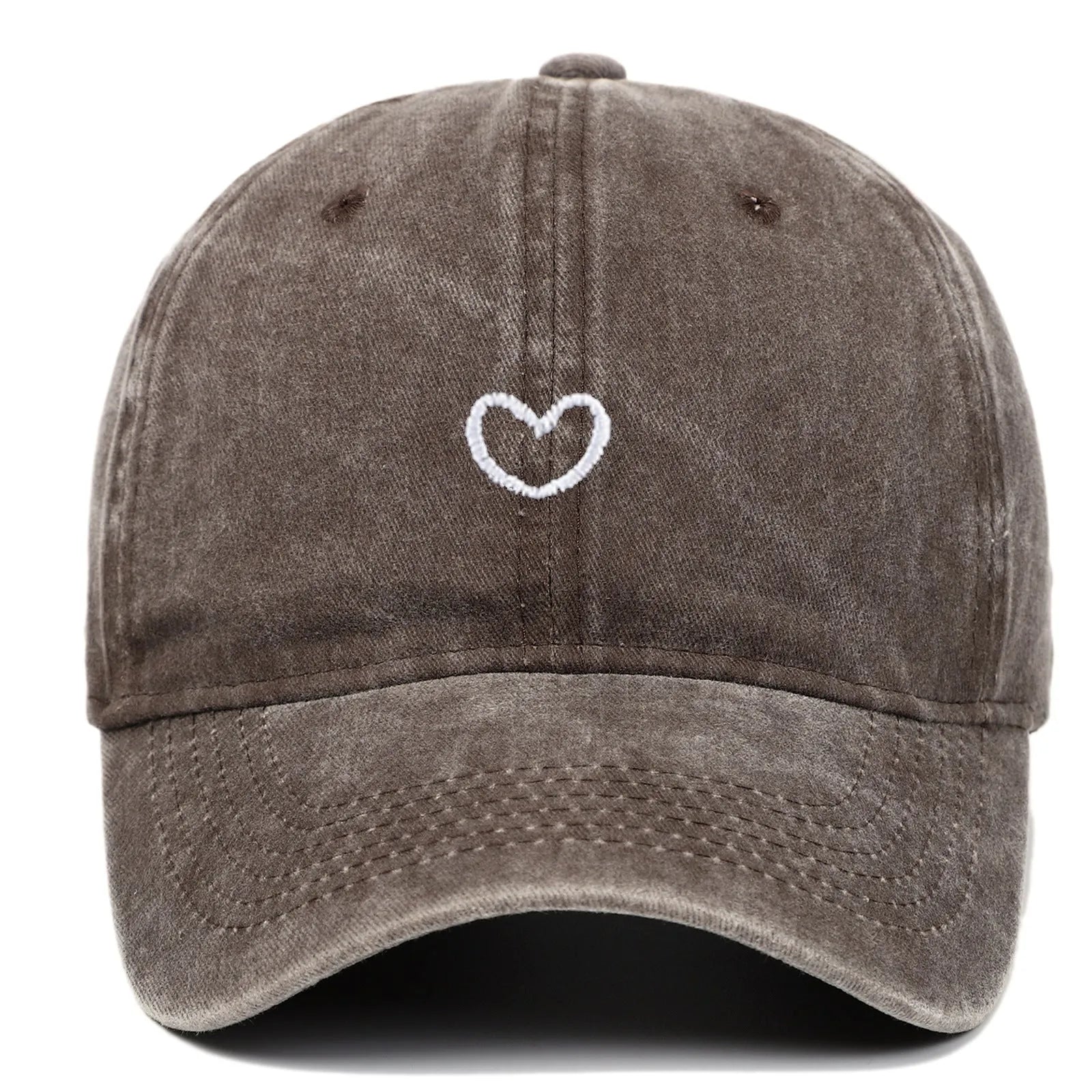 Adjustable cotton baseball cap featuring a distressed embroidered love heart on the front, shown in a selection of colours.