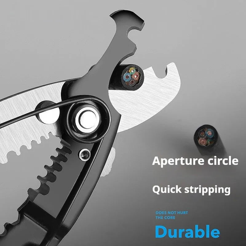 Fully automatic wire stripping pliers tool with high carbon steel blades on a white background.
