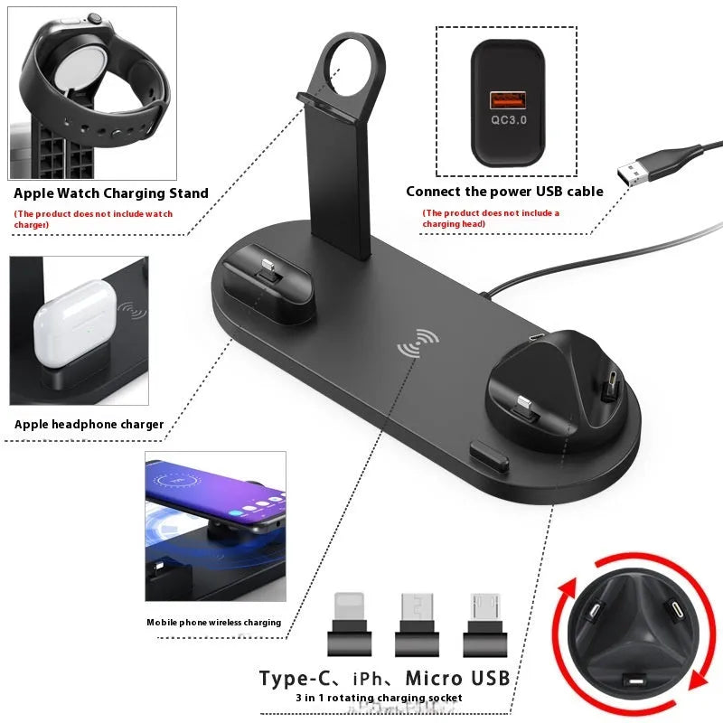 15W wireless charging stand with phone, headset and watch holders in metallic finish