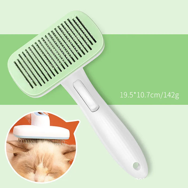 Automatic pet grooming comb with four interchangeable heads in blue, grey, green, or pink colours.