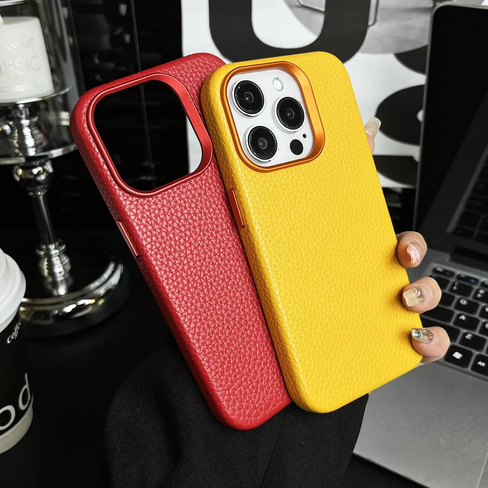 Plain leather magnetic phone case with lychee pattern in Dark Green for iPhone