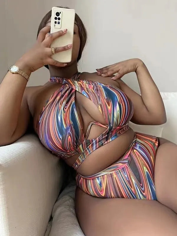 Women's plus size high-waist floral bikini swimsuit in picture colour