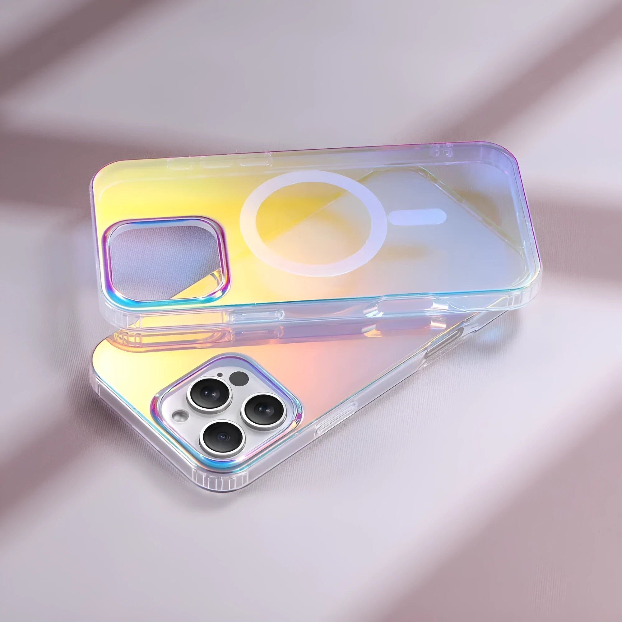 Glossy colour-changing iPhone protective case shown on an iPhone, highlighting chameleon finish and magnetic compatibility