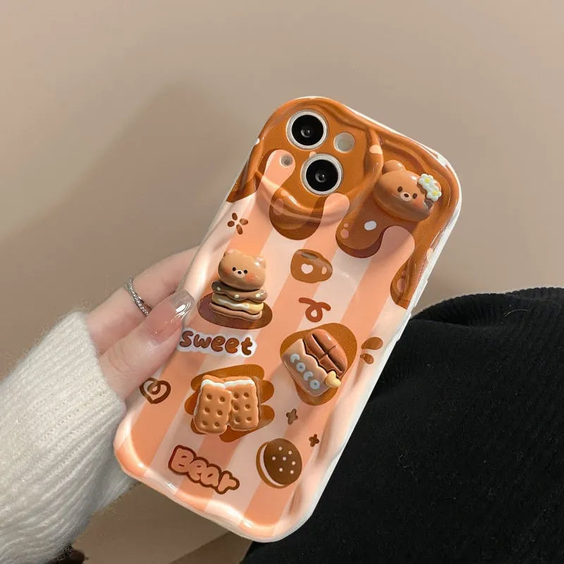 Cream pattern silicone phone case with chocolate bear doll lanyard for Apple iPhone 15 Pro