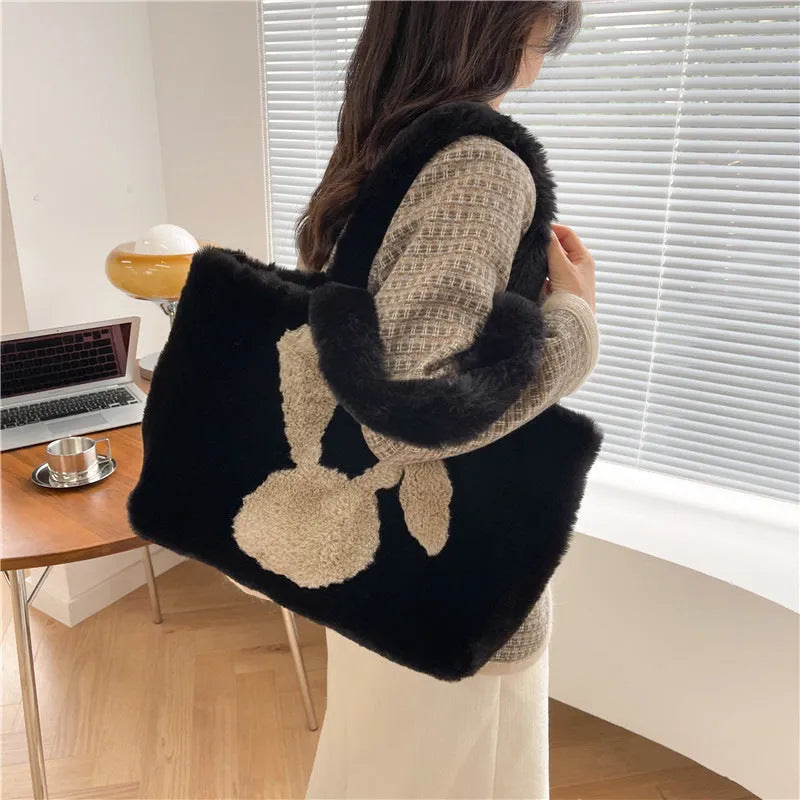 Cartoon rabbit ears plush shoulder shopping bag in solid colour with large capacity