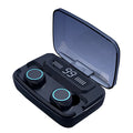 Black M11 Bluetooth wireless headset with charging case and built-in mobile phone holder