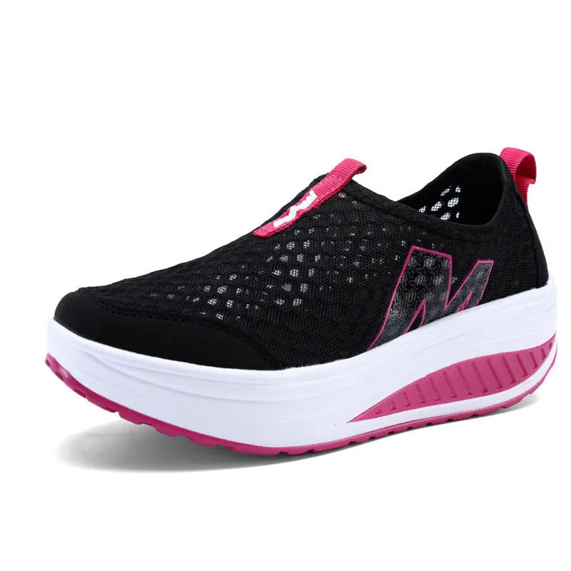 Women's sport platform wedge shoes with mesh cloth upper, heel height 3-5cm, available in multiple colours and sizes 35-42