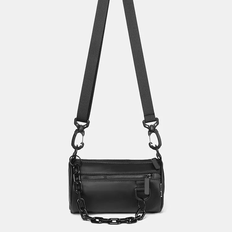 Oxford cloth crossbody messenger bag with chain detailing in black, grey or orange colour