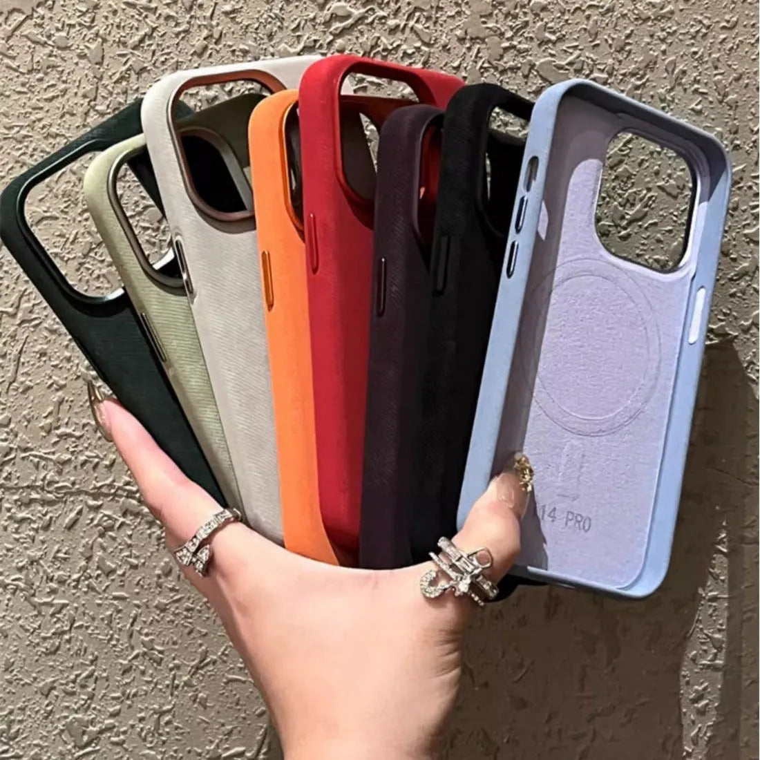 Magnetic leather flannel phone case for Apple iPhone, shown in silver grey colour.