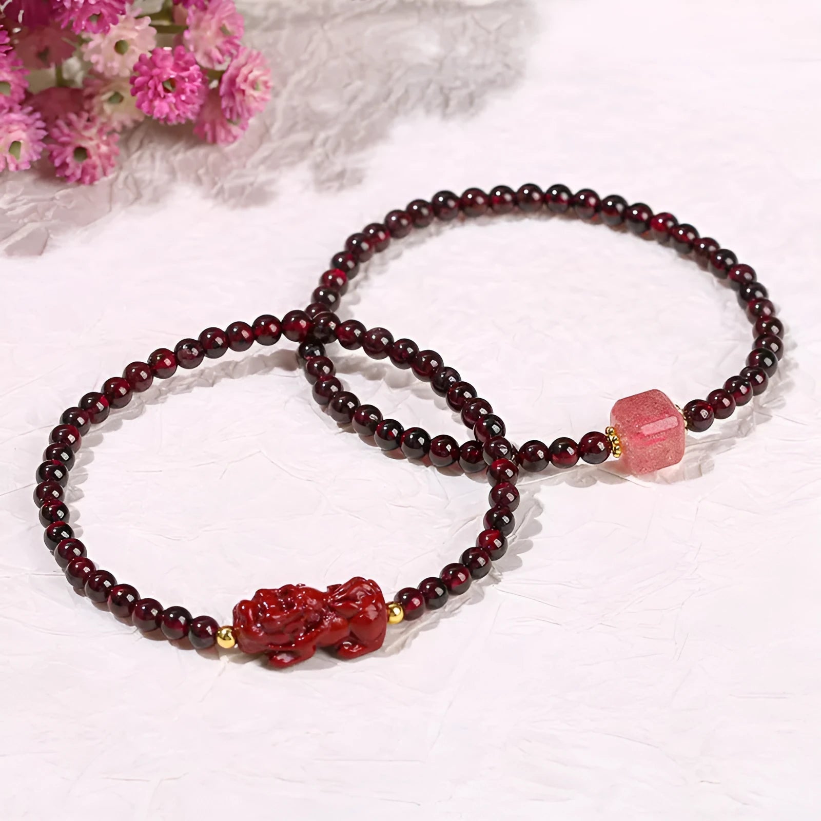 Square garnet bracelet with Pixiu carving in purple sand colour