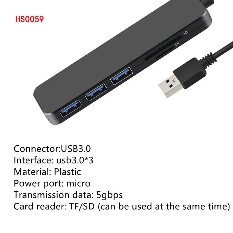 Black USB 3.0 hub with four ports and a 30 cm attached cable on a desk.