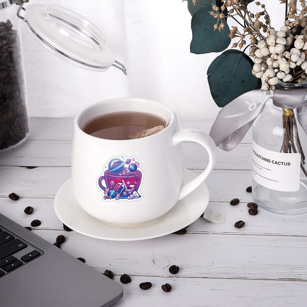 Pack of 50 colourful tea cup graffiti design vinyl stickers for scooter and luggage decoration