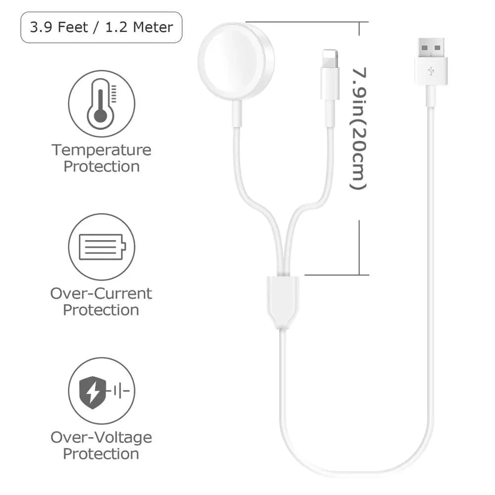 White two-in-one wireless charging dock with USB cable for smartwatch and device charging