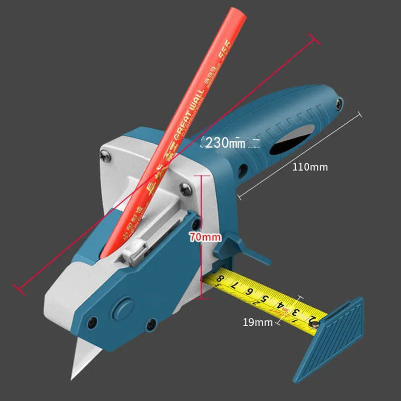 Blue multifunctional woodworking cutter tool with measuring scale for cutting board and foam