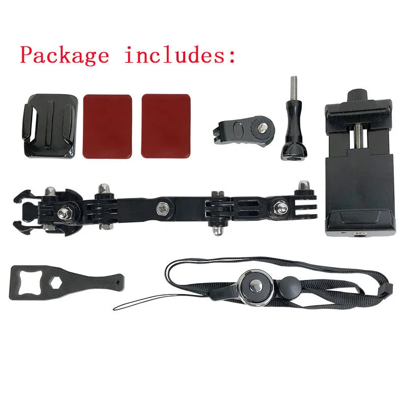 Black camera bracket mounted on a motorcycle helmet, made of ABS and stainless steel