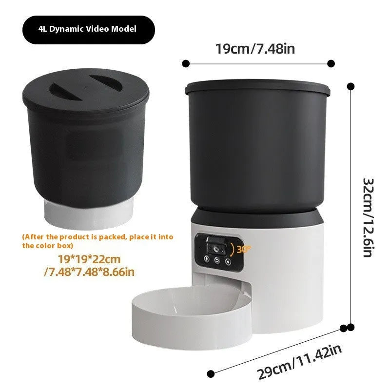 4L smart pet feeder with video camera and choice of stainless steel or plastic bowl on a kitchen floor