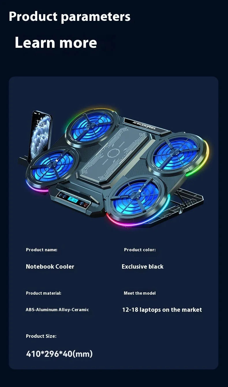 Black laptop cooler with 4-core fan, semiconductor cooling, RGB lighting, 410 x 296 x 40 mm, 1 m cable