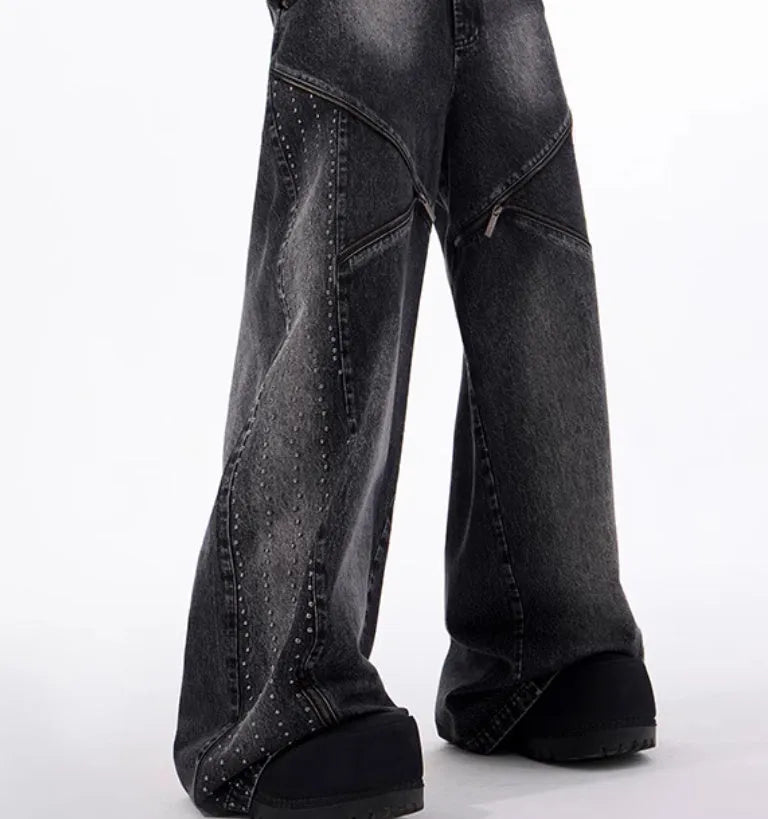 Korean style washed denim wide leg pants with matching waistcoat in black and grey colour