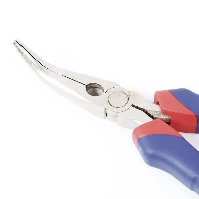 Blue handled curved nose pliers with tapered jaws for precision electronics and jewellery work