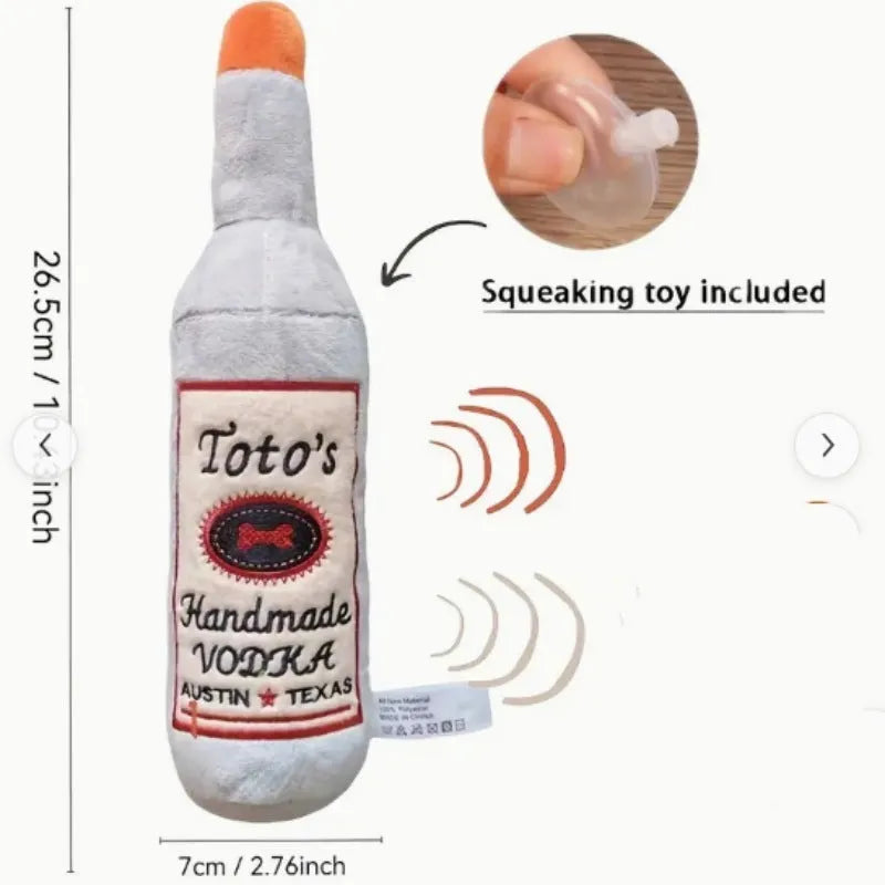 Brown plush wine bottle shaped dog chew toy for dental cleaning and interactive play