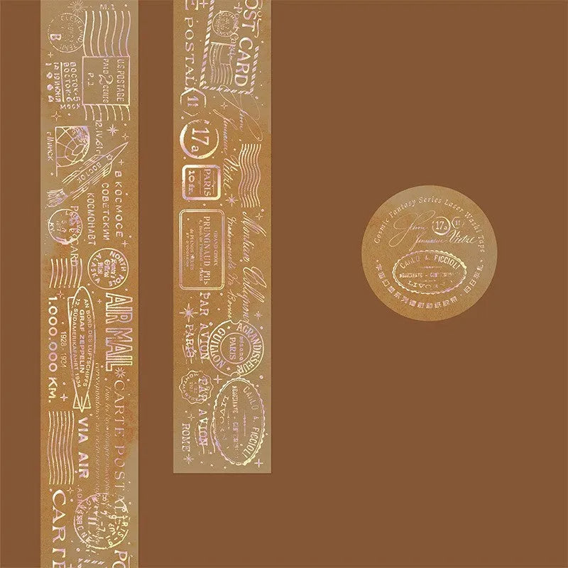 Retro hot laser hand tent landscaping sticker roll in brown paper, 3m x 3cm, on a flat surface