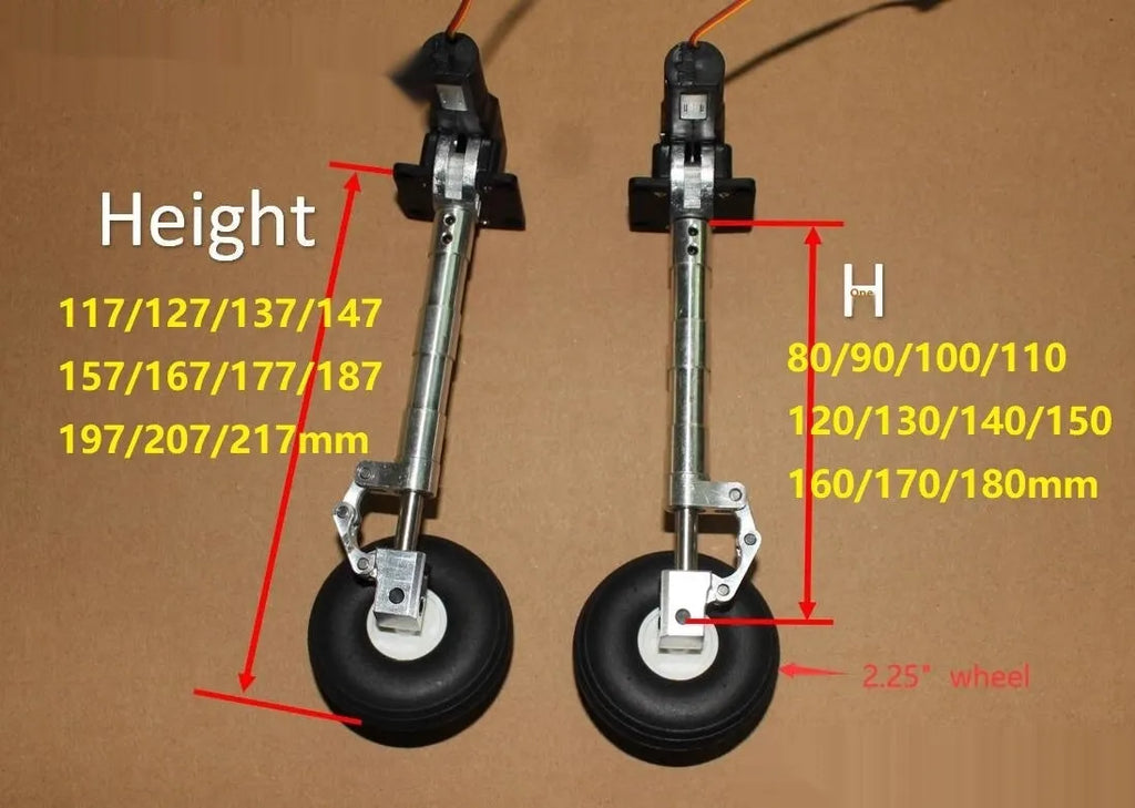 Alloy retractable shock-absorbing landing gear for model aircraft with wheel options.