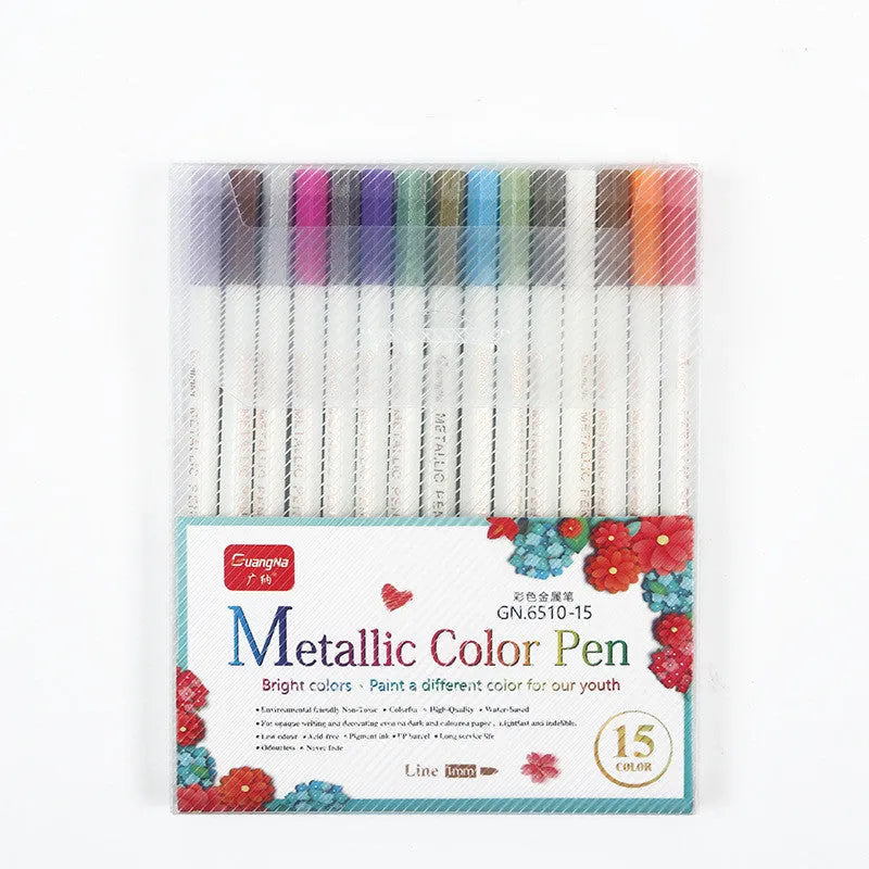 Black card album containing a set of colour metal pens with plastic shells for office stationery.