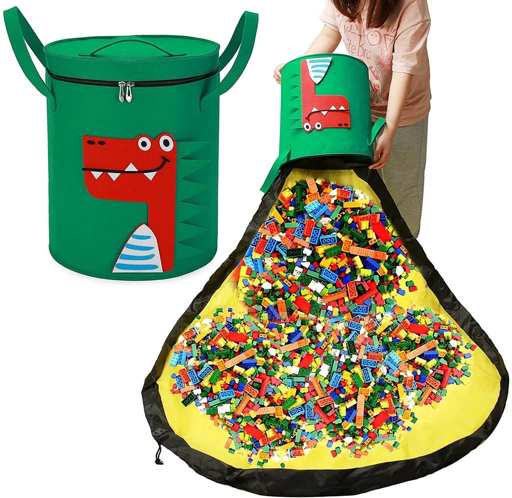 Green felt cube storage bag with pull rope, shown open as a play mat and closed as a toy container.