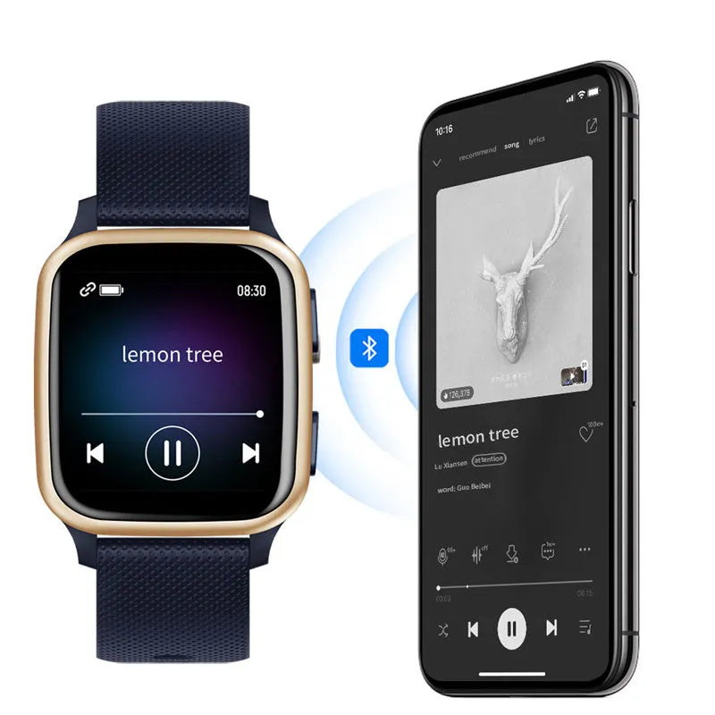 Aluminium alloy smart watch on wrist showing Bluetooth calling and heart rate monitoring display.