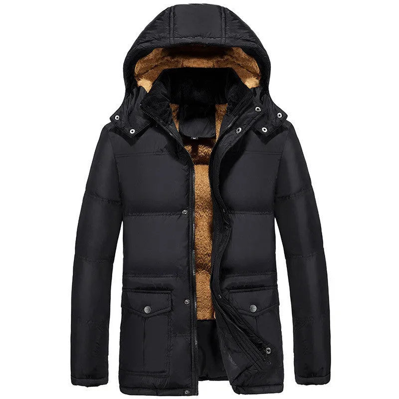 Men's black velvet padded jacket with hood and double-breasted button front, shown on a model.