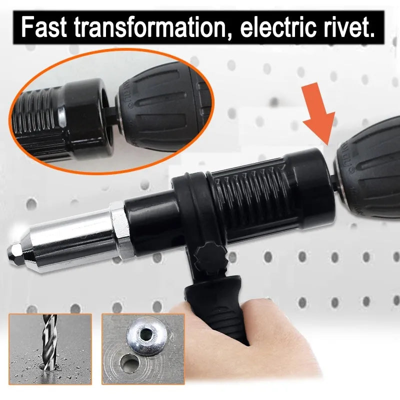 Black metal electric drill rivet gun with handle and wrench, 173mm long.