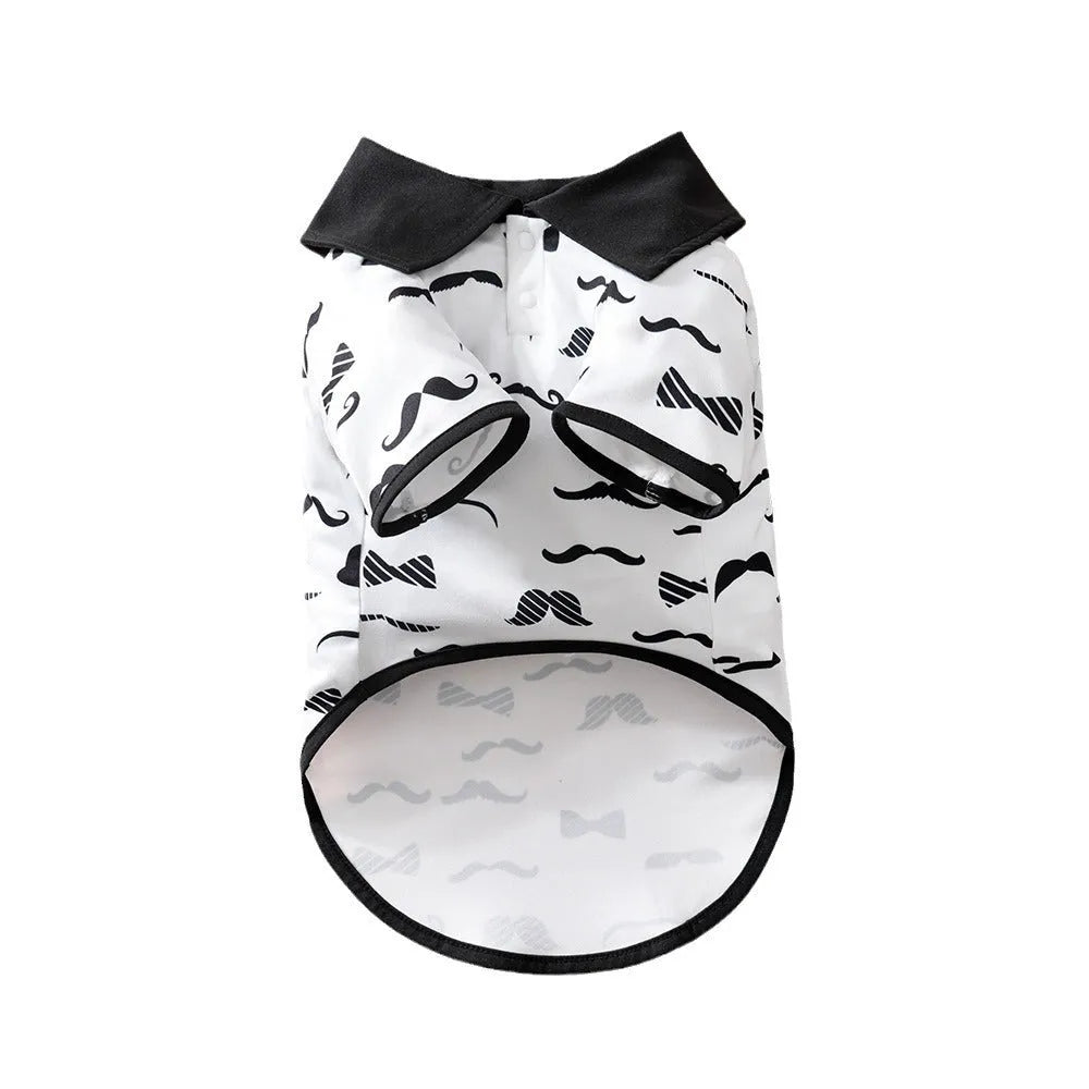 White polyester dog costume with a gentleman beard design, shown on a small dog.