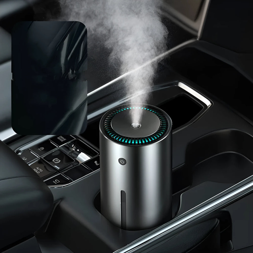 Black aluminium alloy car diffuser humidifier with USB cable for air purification.
