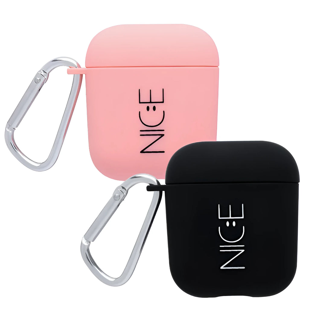 Black and pink polycarbonate AirPods case covers with decorative flower and smiley face back designs.