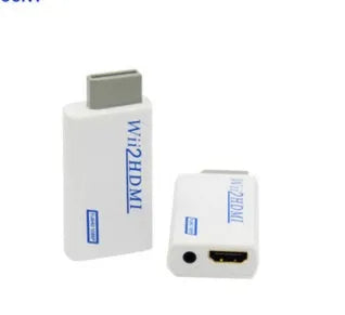 Wii to HDMI adapter converter showing HDMI and 3.5mm audio outputs for Nintendo console