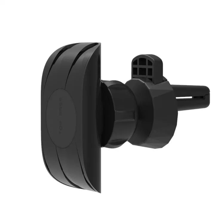 Black car phone holder clipped to vehicle air vent holding smartphone for navigation