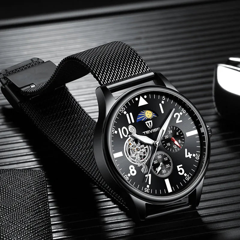 Black men's mechanical watch with moon phase display and luminous hands on 41mm alloy case