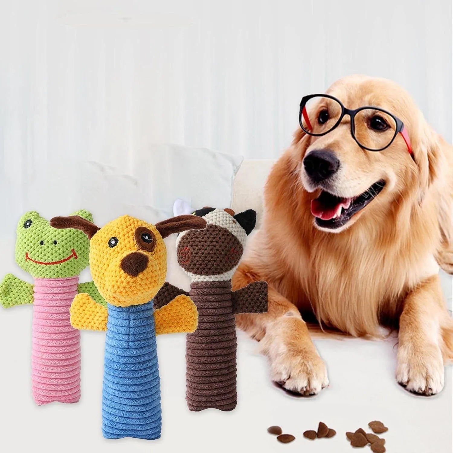 Squeaky stuffed calf, frog, or puppy dog chew toy for dental cleaning and teething relief.