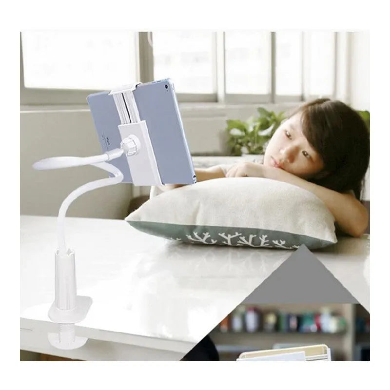 Black flexible mount holder showing bendable arm and suction base holding a tablet at an angle