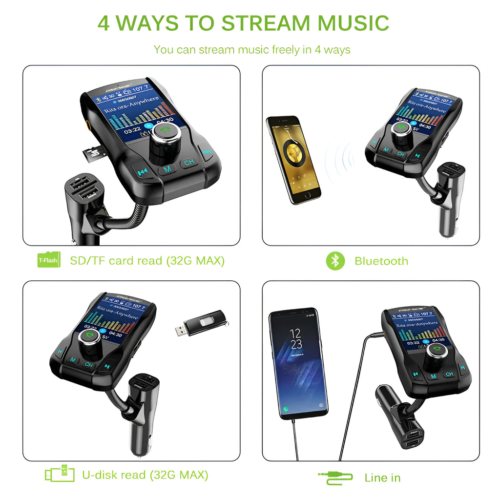 Black car Bluetooth FM transmitter with colour screen and dual USB ports plugged into a vehicle power socket.