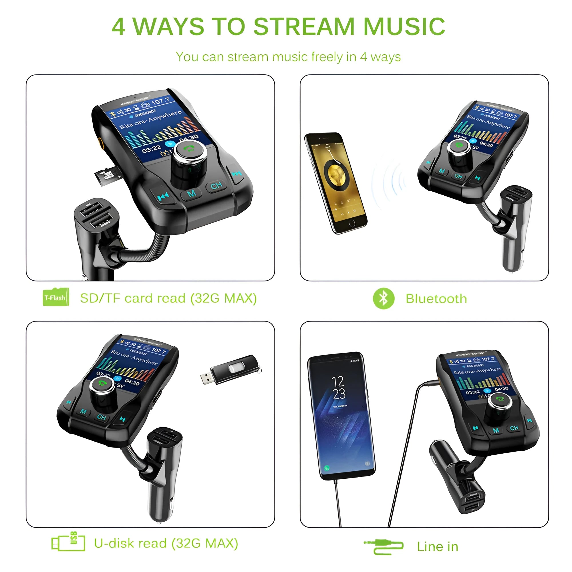 Black car Bluetooth FM transmitter with colour screen and dual USB ports plugged into a vehicle power socket.