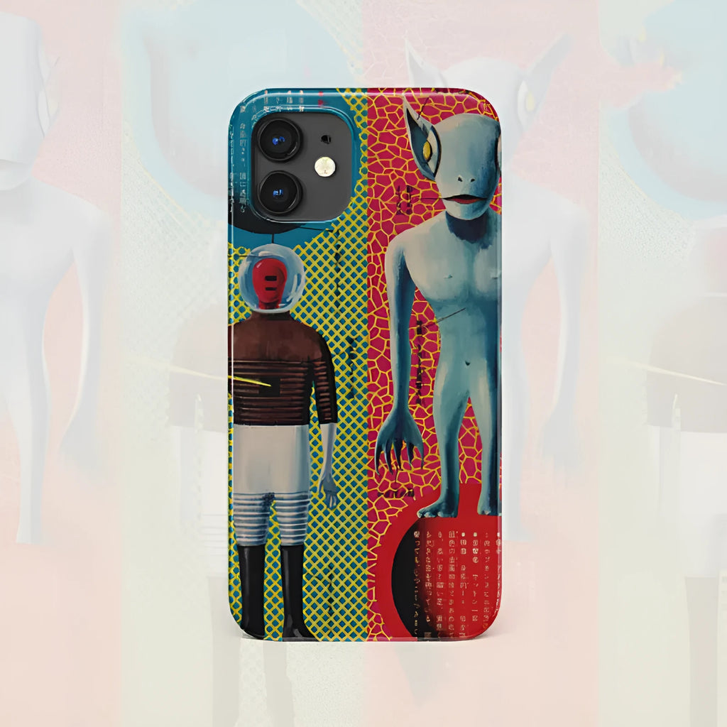 Retro art design hard phone case for iPhone in frosted and glossy finish options.