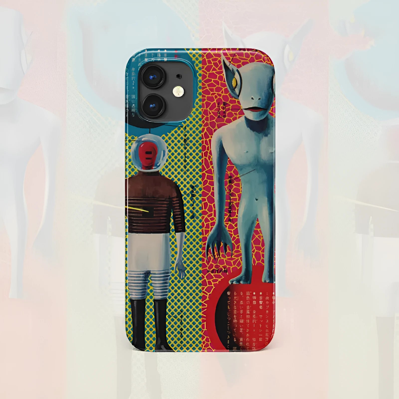 Retro art design hard phone case for iPhone in frosted and glossy finish options.