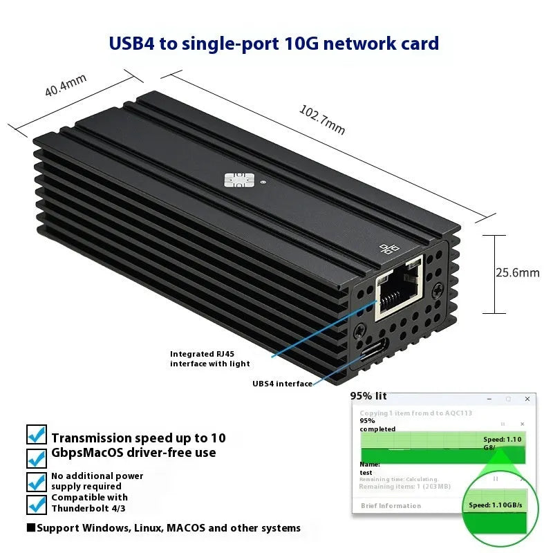 Black Leyu USB4 to 10 Gigabit Ethernet network adapter with attached cable