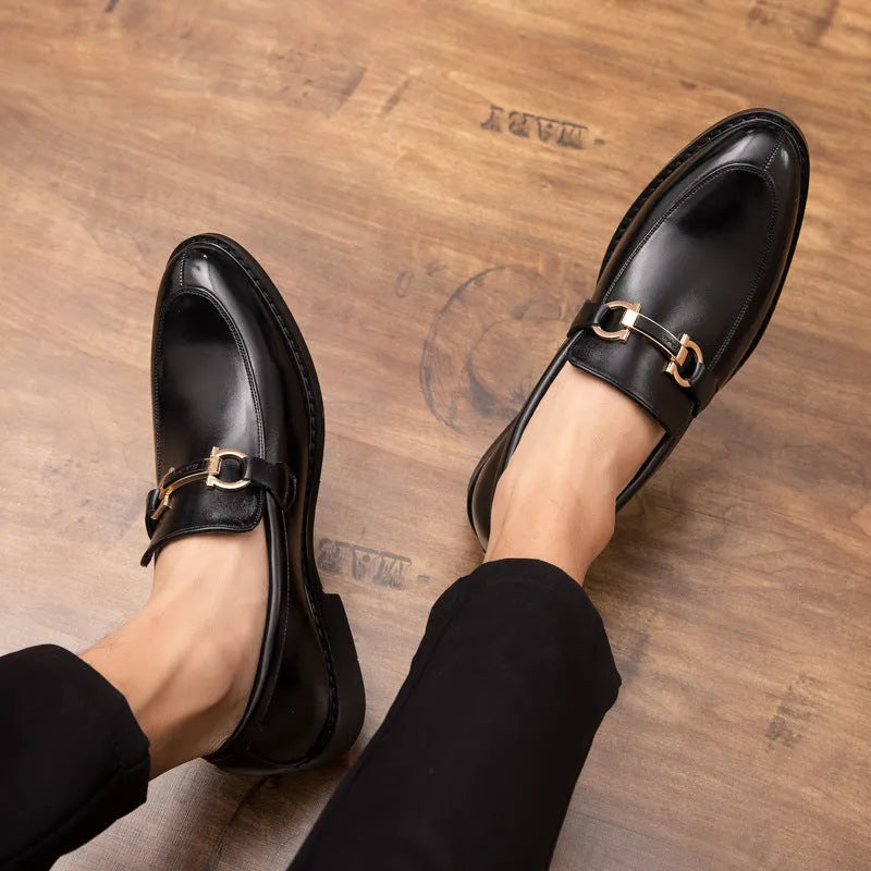Men's casual elevated leather shoes in microfiber, shallow mouth design, black colour, side view