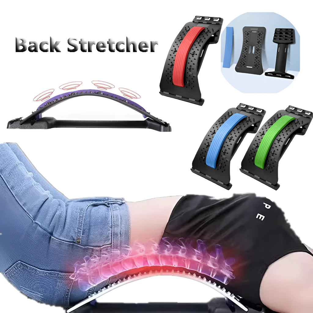 Adjustable back stretcher and waist massager with multiple massage heads in selectable colours.