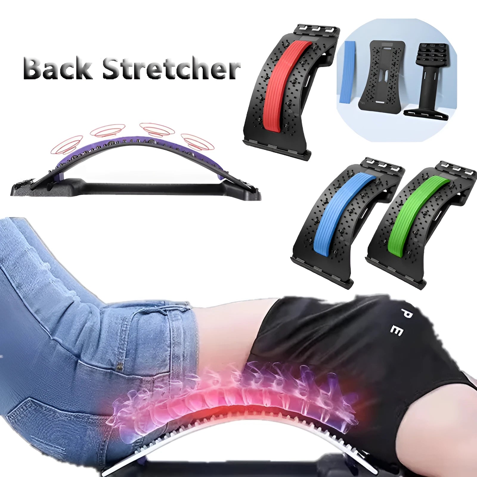 Adjustable back stretcher and waist massager with multiple massage heads in selectable colours.