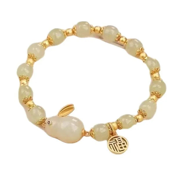 Green Chinese-style jade hare zodiac bracelet for women with electroplated mixed material construction
