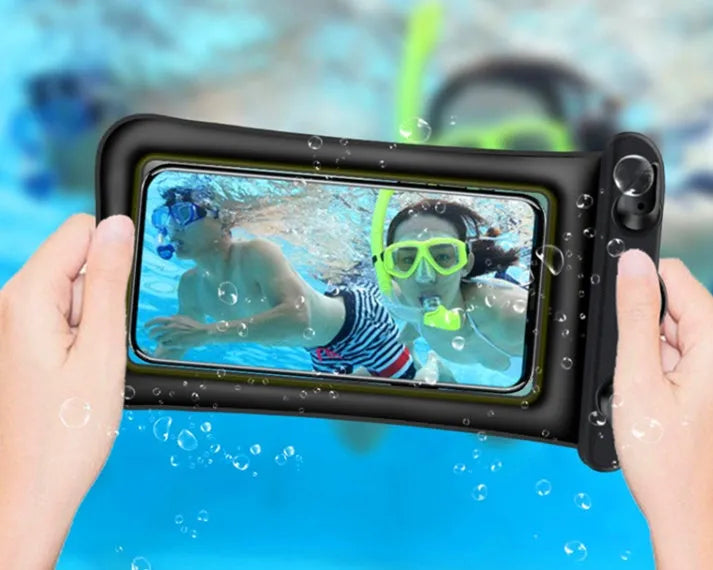 Orange double airbag waterproof phone pouch with a black rope